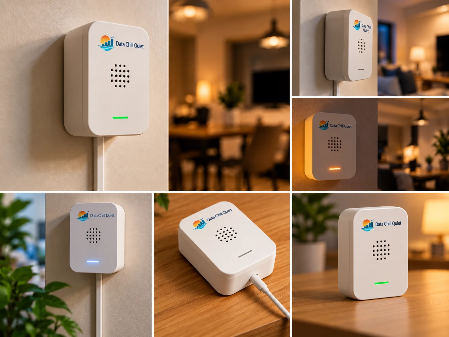 Concept artwork showing a wall-mounted DataChill Quiet device in a shared home